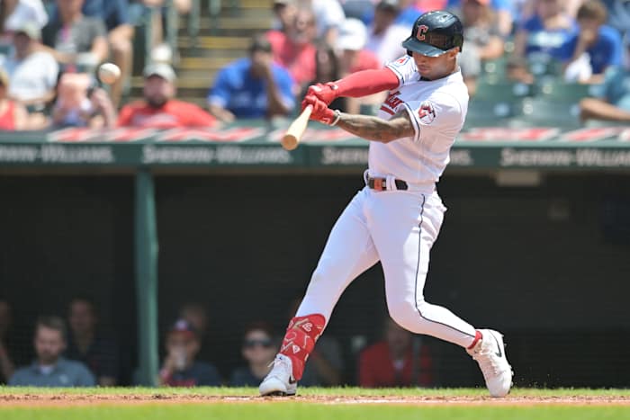 Aug 10, 2023; Cleveland, Ohio, USA; Cleveland Guardians third baseman Brayan Rocchio (6) hits an RBI double during the second inning against the Toronto Blue Jays at Progressive Field.